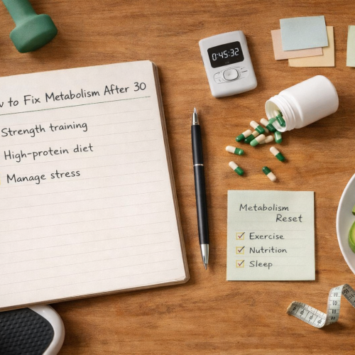 How to Fix Metabolism After 30 – featured visual - Fresh Start 30: A Journey To Better Health Flat-lay of a notebook, pen, and health-focused objects on a wooden desk, representing a practical approach to metabolism after age 30.